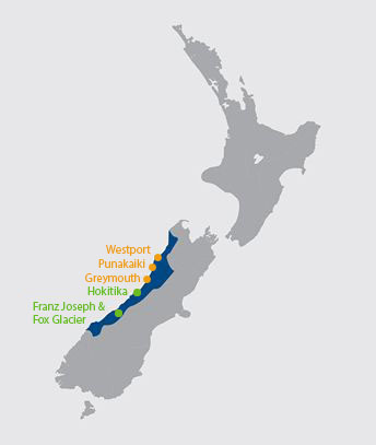 Carte de la West Coast (Nouvelle-Zélande)